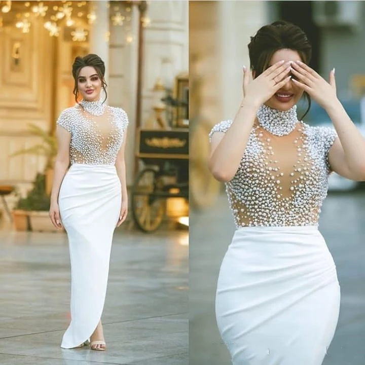 Arabic Satin Mermaid Long Evening Dresses 2022 Sheer Cap Sleeves High Neck Pearls Beaded Split Floor Length Prom Party Gowns
Arabic Satin Mermaid Long Evening Dresses 2022 Sheer Cap Sleeves High Neck Pearls Beaded Split Floor Length Prom Party Gowns