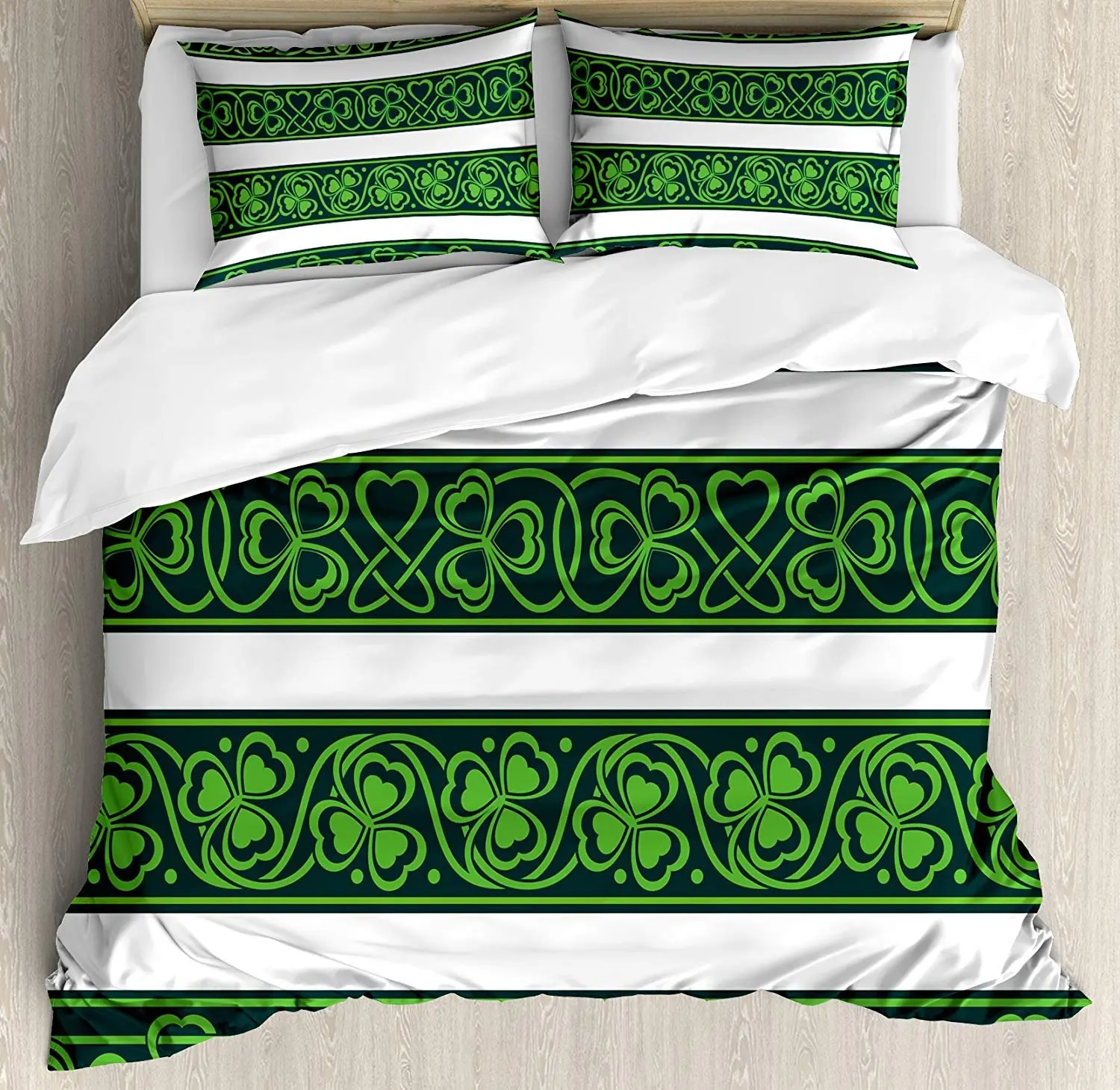 

Irish Bedding Set Shamrock Borders Gaelic Nature Botany Theme Artistic Trefoils with Swirls Duvet Cover Set Pillowcase for Home