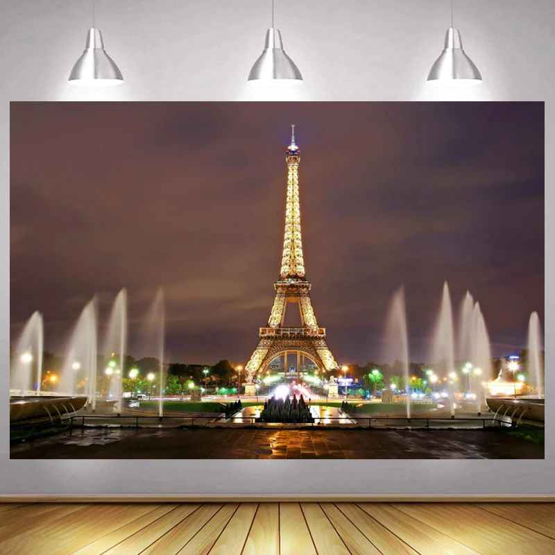 

Paris Eiffel Tower Photo Backdrop Happy Birthday Party Boys Girls Fountain Decor Photography Backgrounds Banner