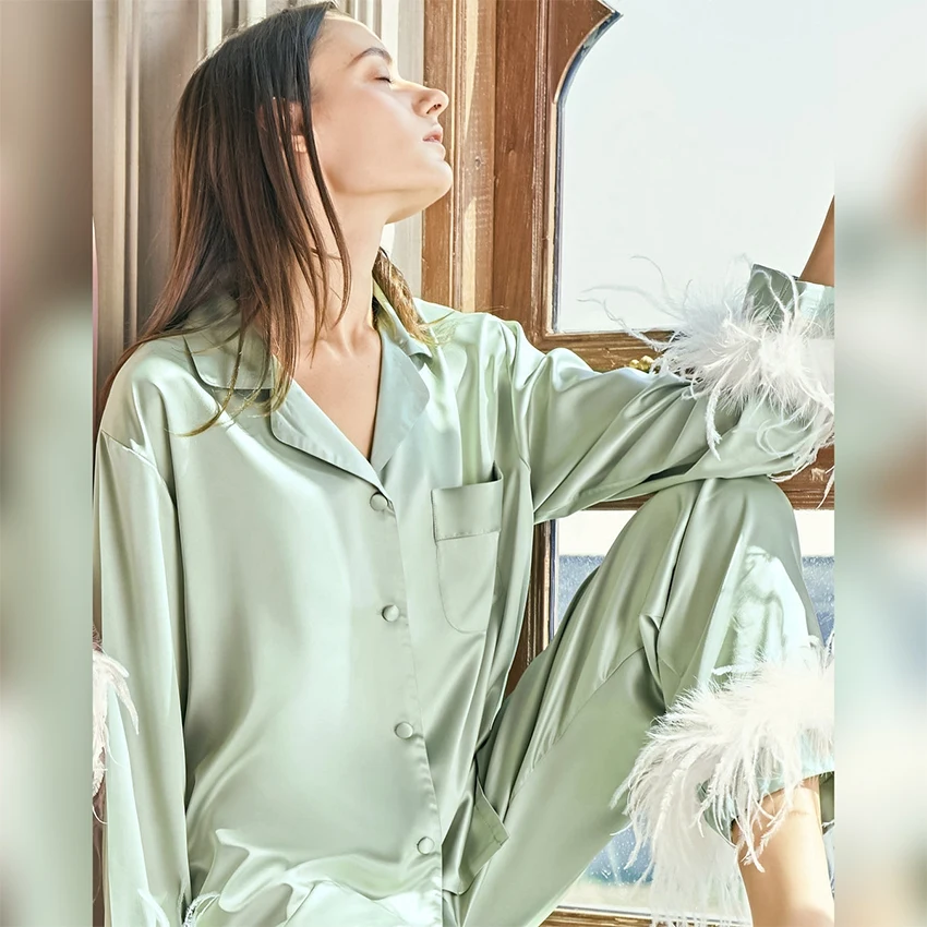

Hiloc Satin Pajamas With Feathers 2022 Fashion Women Pajama With Fur Single Breasted Trouser Suits Pocket Sleepwear Home Suit