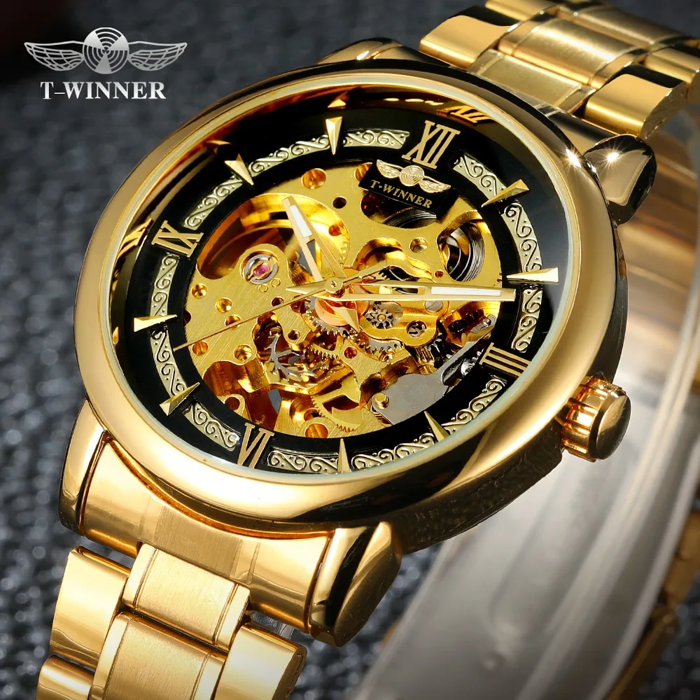 T-Winner, новые модные мужские золотые часы, автоматические механические часы, мужские часы с дизайном скелета из нержавеющей стали, часы Reloj ... 
T-Winner, новые модные мужские золотые часы, автоматические механические часы, мужские часы с дизайном скелета из нержавеющей стали, часы Reloj ...