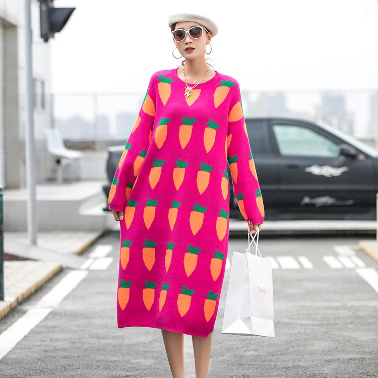 QING MO Rose Red Women Carrot Printed Sweater 2020 Winter Women Knitted Pullovers Sweater Dress Oversized Sweater Dress ZQY5868
QING MO Rose Red Women Carrot Printed Sweater 2020 Winter Women Knitted Pullovers Sweater Dress Oversized Sweater Dress ZQY5868