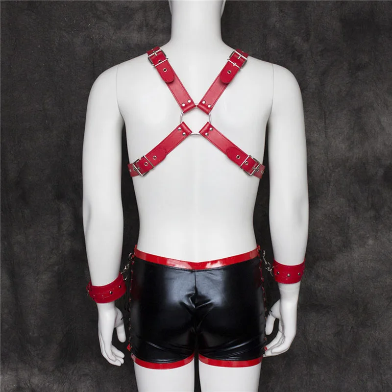 Male Faux Leather Muscle Uniform Chest Harness Wet Look Boxer Underwear and Attached Wrist Restraints Gay Fetish Costume
Male Faux Leather Muscle Uniform Chest Harness Wet Look Boxer Underwear and Attached Wrist Restraints Gay Fetish Costume