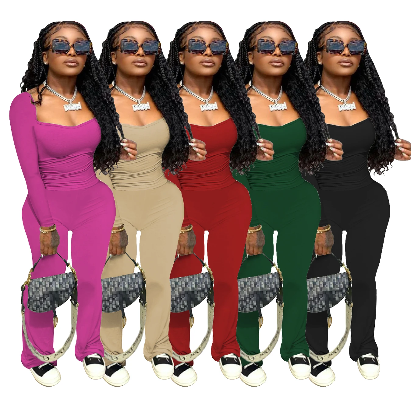 W8241 European and American autumn sexy deep V long sleeved flared pants set solid color elastic matted two-piece female spot s 
W8241 European and American autumn sexy deep V long sleeved flared pants set solid color elastic matted two-piece female spot s
