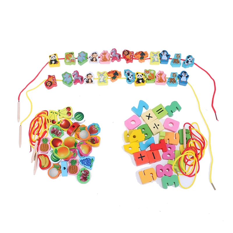 

24Pcs baby wooden diy toy fruit animal stringing threading wooden beads toy