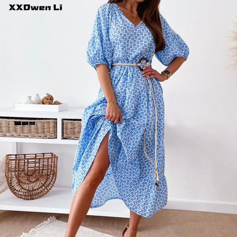 Women Plaid printing Vintage Half sleeve Belt maxi Dress summer V-neck Casual Loose red Dress Woman Lantern Sleeve Long Dress
Women Plaid printing Vintage Half sleeve Belt maxi Dress summer V-neck Casual Loose red Dress Woman Lantern Sleeve Long Dress