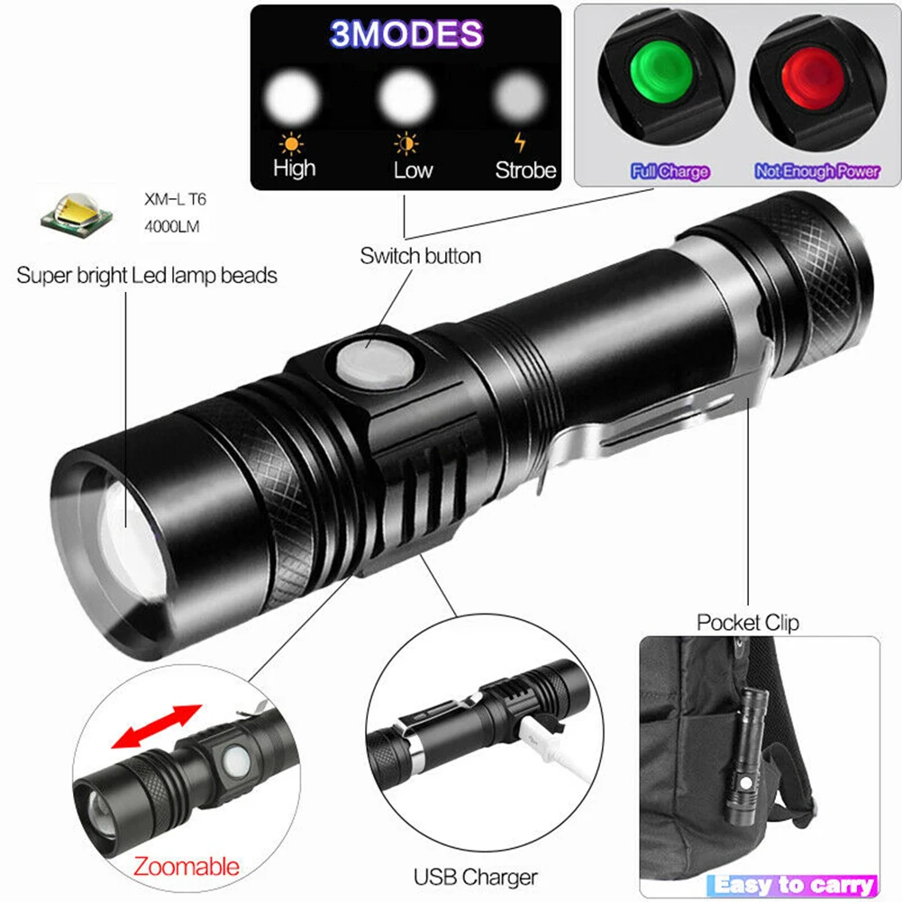 Torch Flashlight USB Rechargeable Zoom Camping Fishing Hiking Super Bright T6 LED 12*2.7*2.4cm 3 Modes 50000LM
Torch Flashlight USB Rechargeable Zoom Camping Fishing Hiking Super Bright T6 LED 12*2.7*2.4cm 3 Modes 50000LM