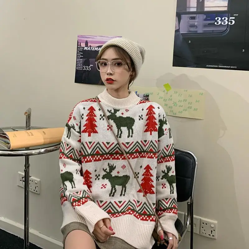 2021 Winter New Retro Christmas Fawn Red Sweater Loose Pullover Thick Sweater Christmas Jacquard Knitted Women's Clothing 
2021 Winter New Retro Christmas Fawn Red Sweater Loose Pullover Thick Sweater Christmas Jacquard Knitted Women's Clothing