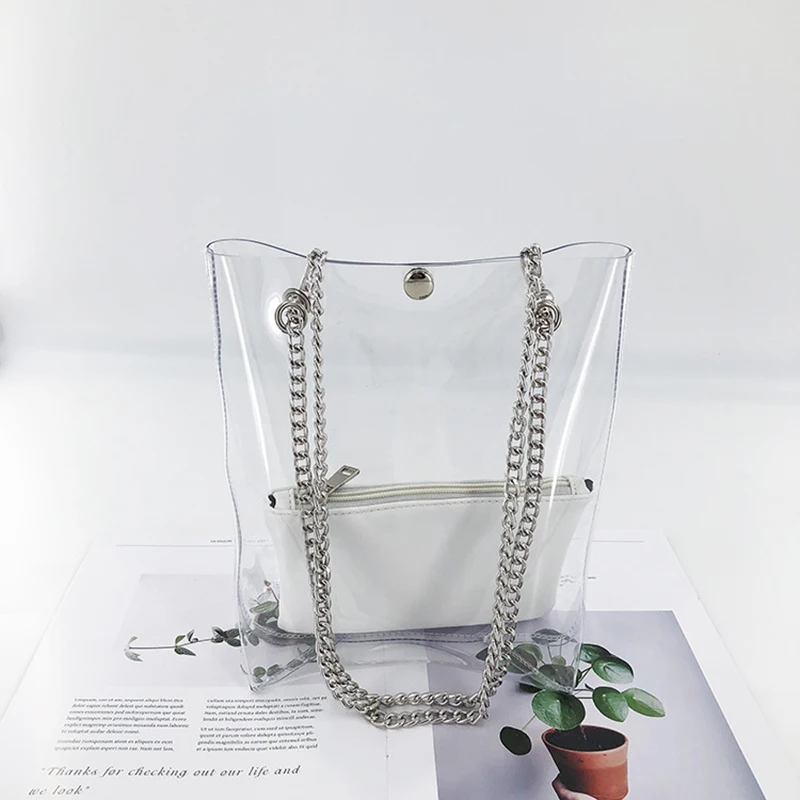 Large Capacity Chain Shoulder Bags Women Soft Surface Unlined Transparent Handbags Female Fashion PVC Summer Casual Tote Bag
Large Capacity Chain Shoulder Bags Women Soft Surface Unlined Transparent Handbags Female Fashion PVC Summer Casual Tote Bag