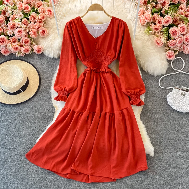 Autumn Women Red/Yellow/Green Midi Dress Vintage V-Neck Puff Long Sleeve High Waist Elegant Vestidos Big Swing Casual Robe New 
Autumn Women Red/Yellow/Green Midi Dress Vintage V-Neck Puff Long Sleeve High Waist Elegant Vestidos Big Swing Casual Robe New