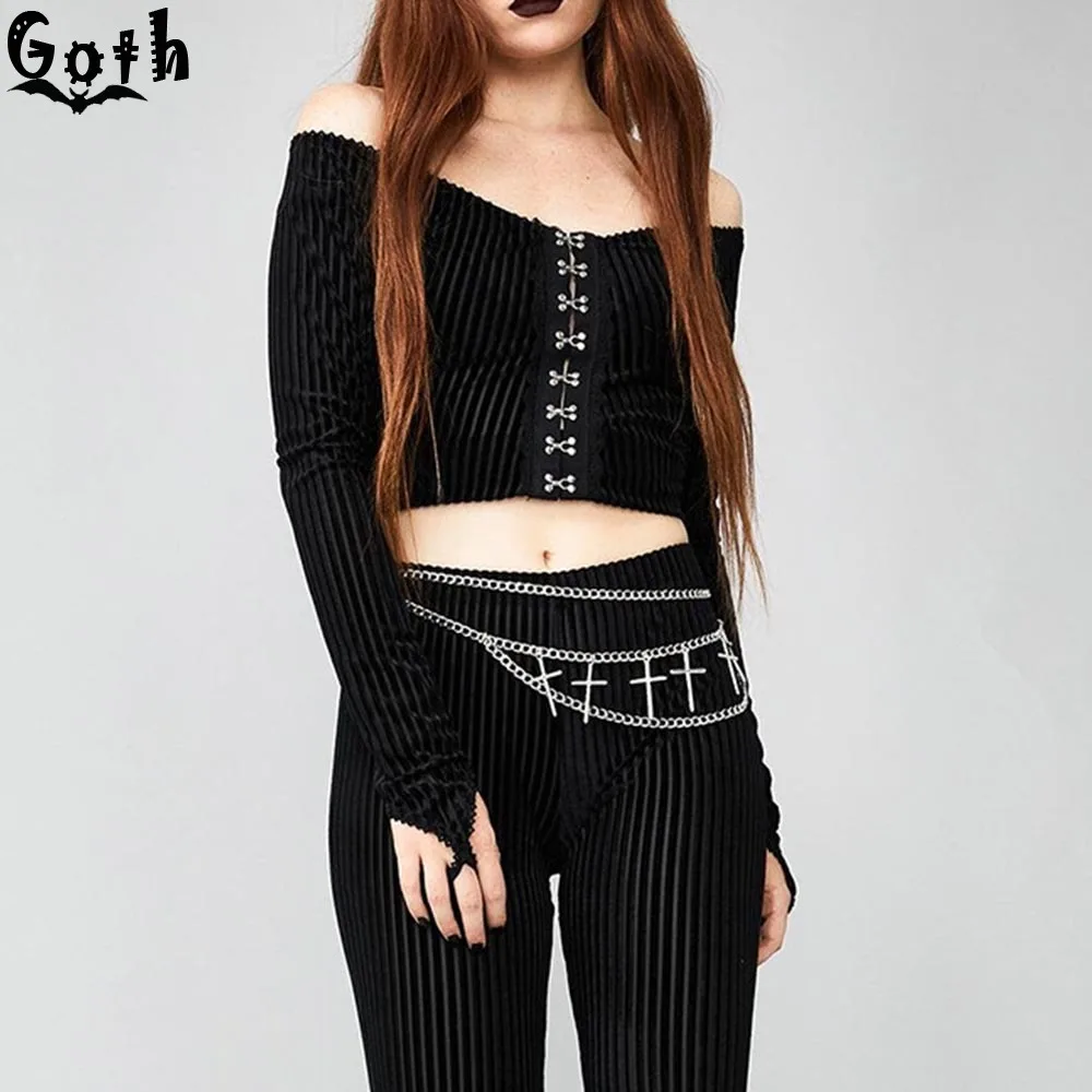 Goth Сексуальная Блузка с открытыми плечами женская прозрачная готическая Черная