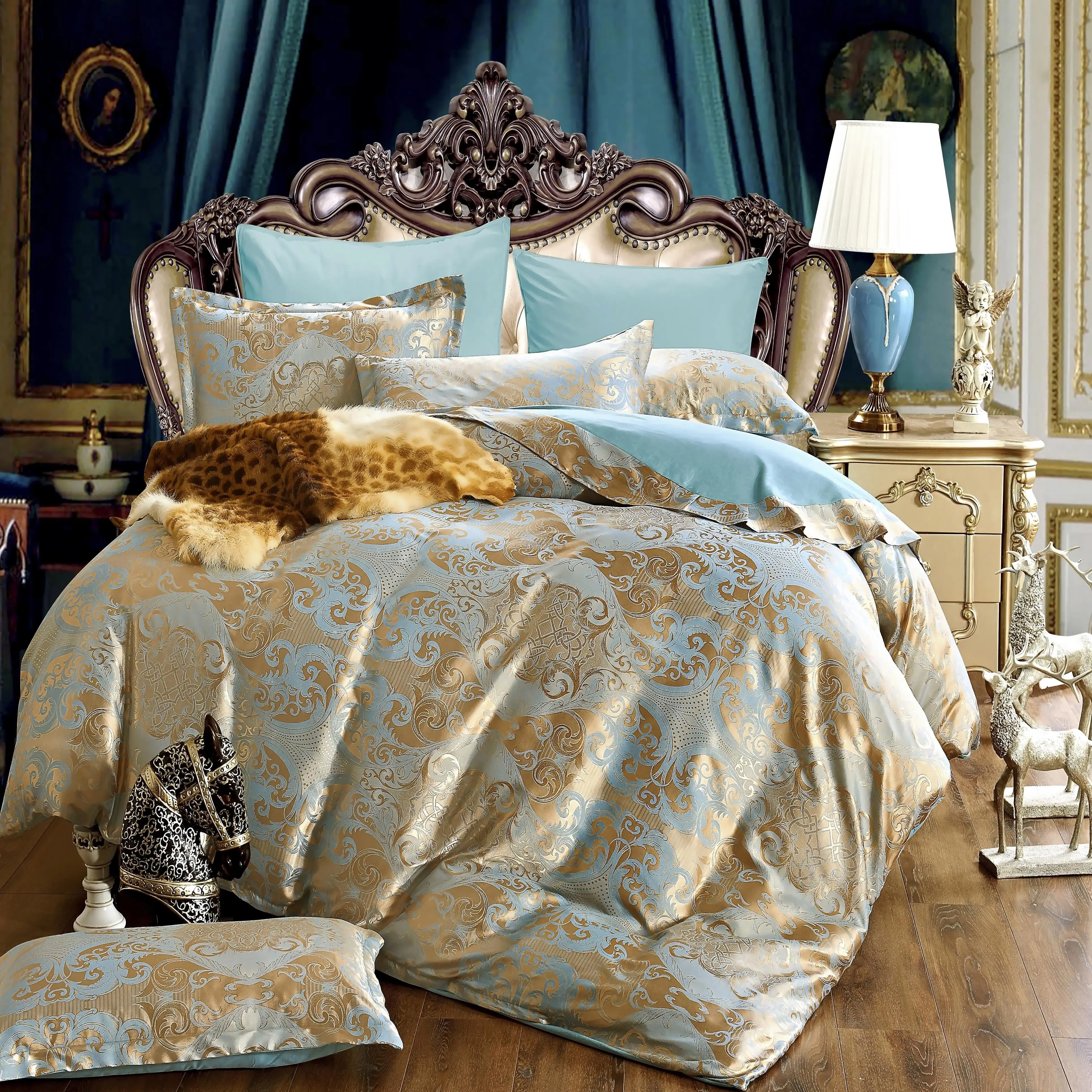 

40 шелковые сатин жаккард постельное белье постельные принадлежности Свадебные Благородный дворец Комплект постельного белья 4 шт. Queen