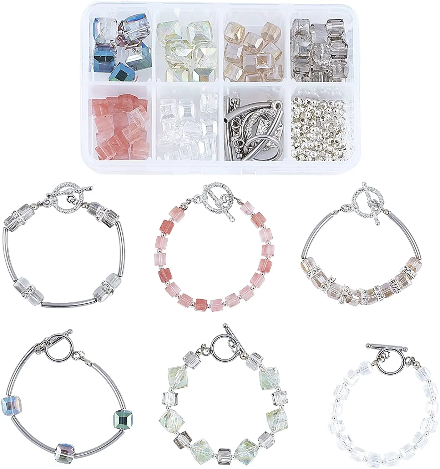 1box of glass cube beads bracelet set 8mm crystal beads glass beads and brass tube with 2 styles of alloy buckle jewelry making
1box of glass cube beads bracelet set 8mm crystal beads glass beads and brass tube with 2 styles of alloy buckle jewelry making