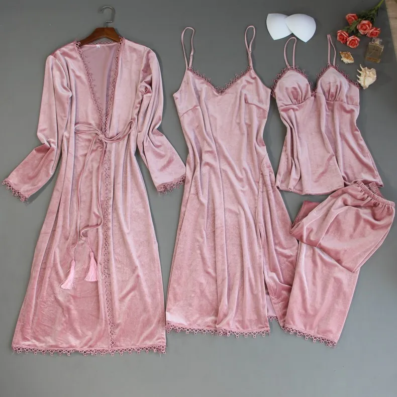 New Korean Gold Velvet Pajamas Women's Autumn and Winter Sling Nightgown Suit Soft with Chest Pad Home Wear Four-Piece Suit
New Korean Gold Velvet Pajamas Women's Autumn and Winter Sling Nightgown Suit Soft with Chest Pad Home Wear Four-Piece Suit