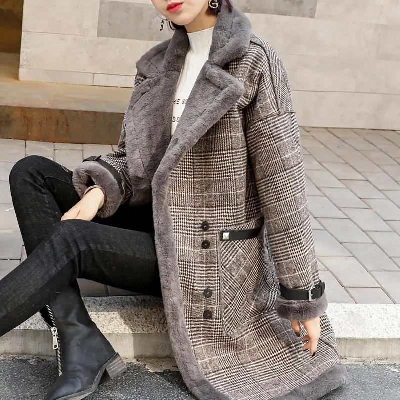 

Высококачественное Женское шерстяное пальто в клетку, свободное зимнее плотное теплое кашемировое пальто из шкуры ягненка, верхняя одежда ...