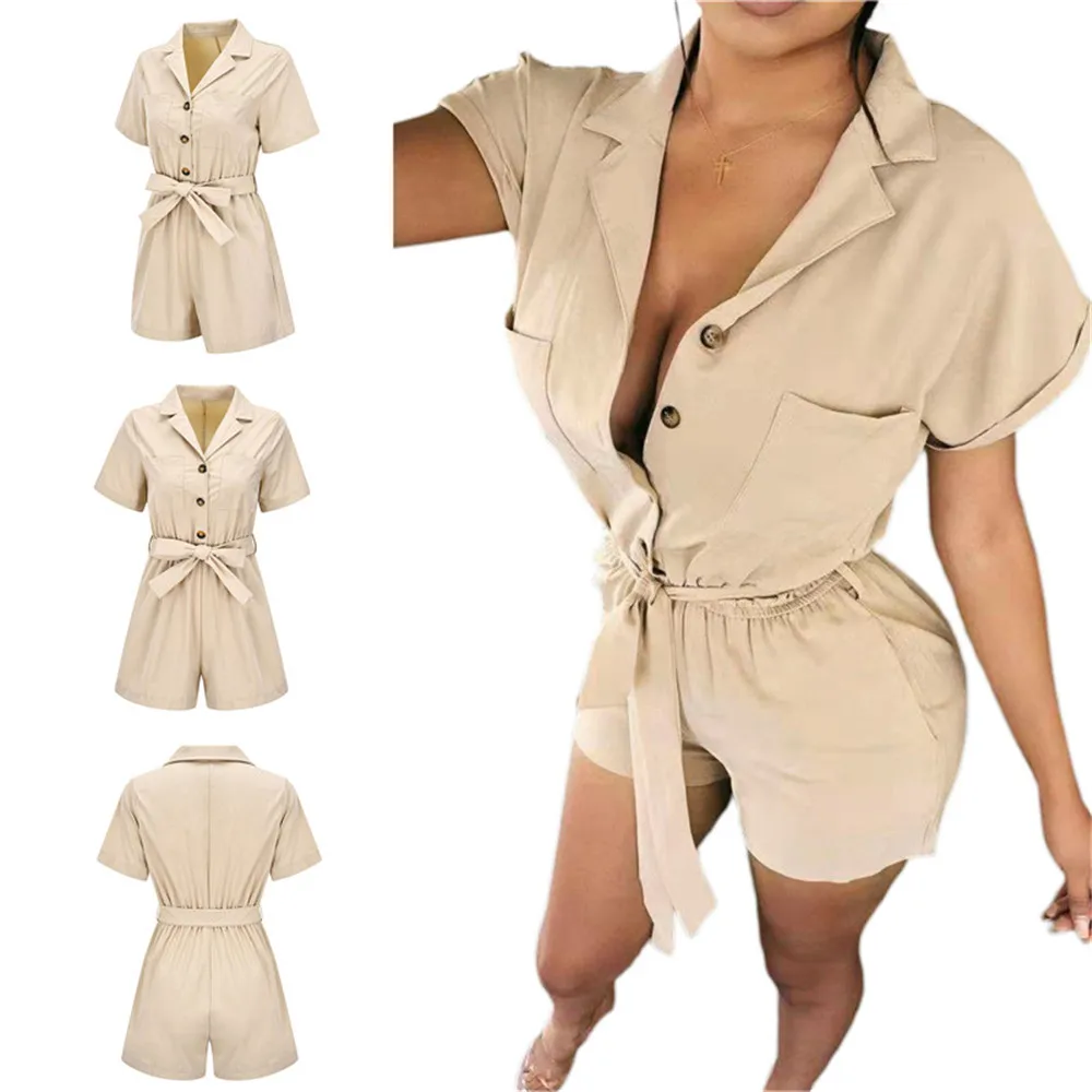 Women Turn-down Collar Overalls with Waistband Playsuits Rompers Ladies Casual Loose Solid Color Short Sleeve Short Jumpsuits 
Women Turn-down Collar Overalls with Waistband Playsuits Rompers Ladies Casual Loose Solid Color Short Sleeve Short Jumpsuits