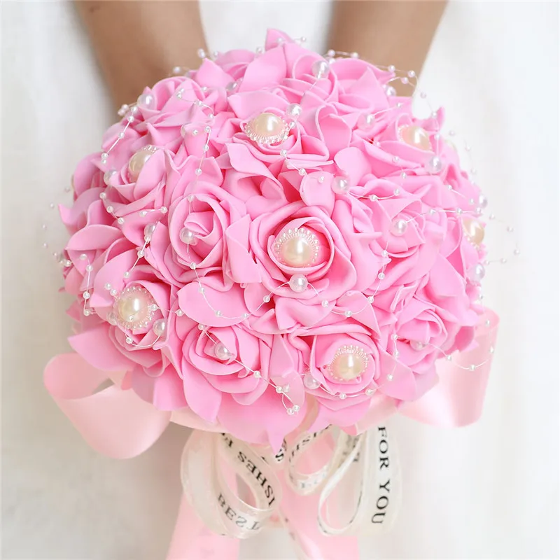 

Pink Flower PE Bouquet Bridesmaid Holding Flowers Bridal Silk Ribbon Wedding Bouquets Foam Rose With Pearl Party De Mariage W205