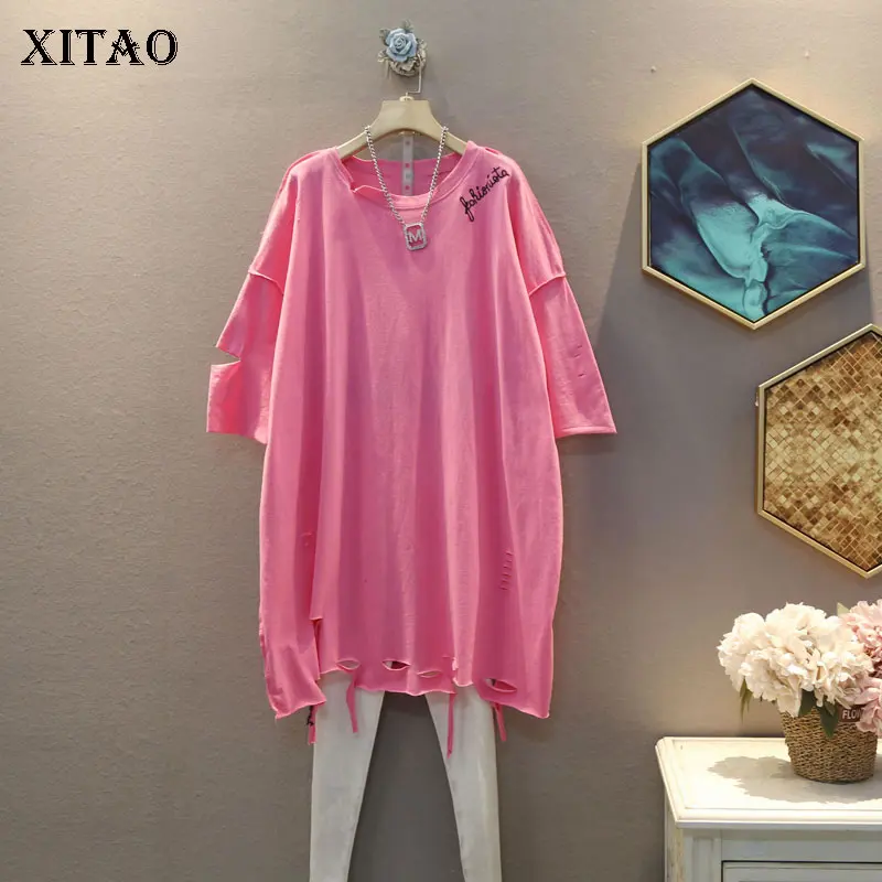 Женская футболка с коротким рукавом XITAO корейская модная надписью дырками лето