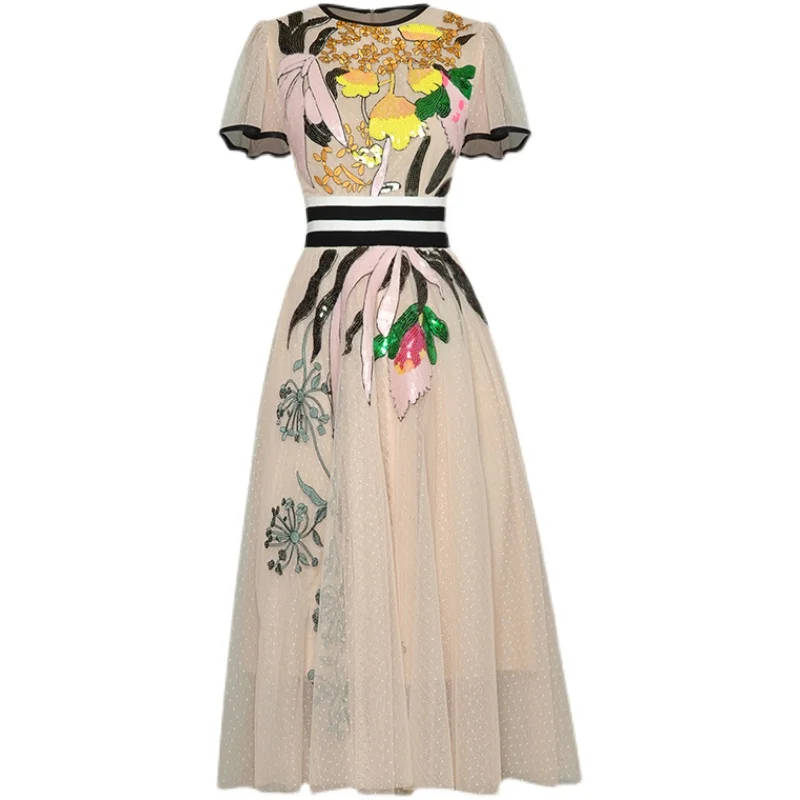 

Женское газовое платье с коротким рукавом, модельное дизайнерское платье с блестками и вышивкой, новинка 2021