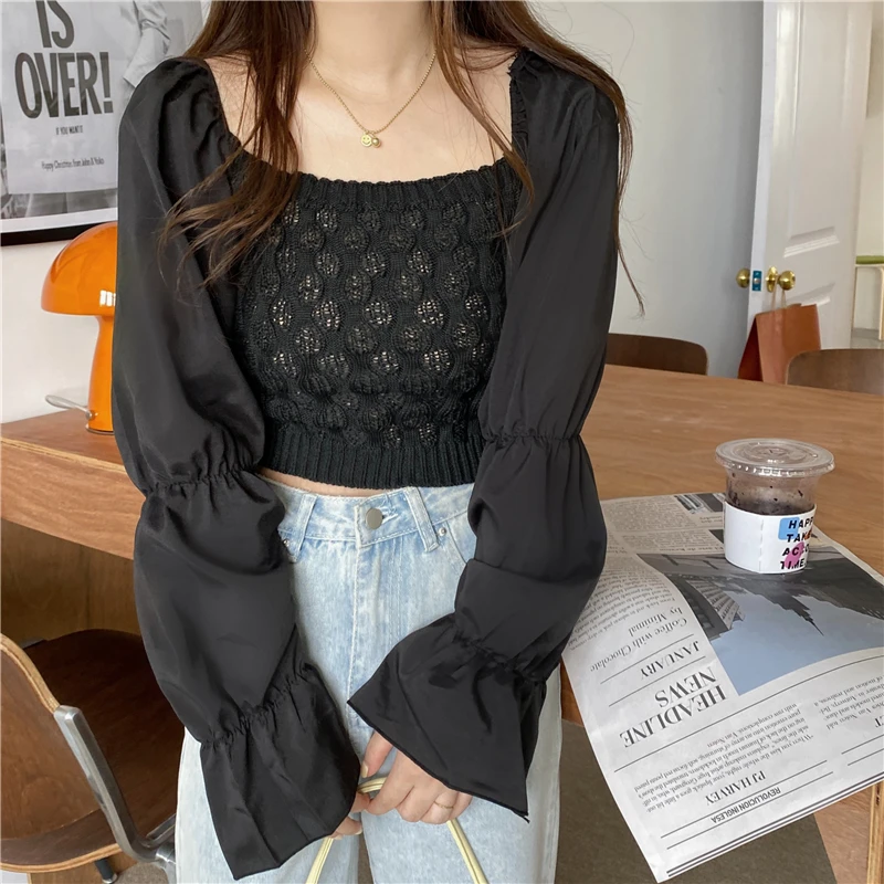 Kimotimo Knitted Patchwork Sweater Blouse Women Korean Design Square Collar Long Sleeve Tops Autumn All-match Cropped Pullover
Kimotimo Knitted Patchwork Sweater Blouse Women Korean Design Square Collar Long Sleeve Tops Autumn All-match Cropped Pullover