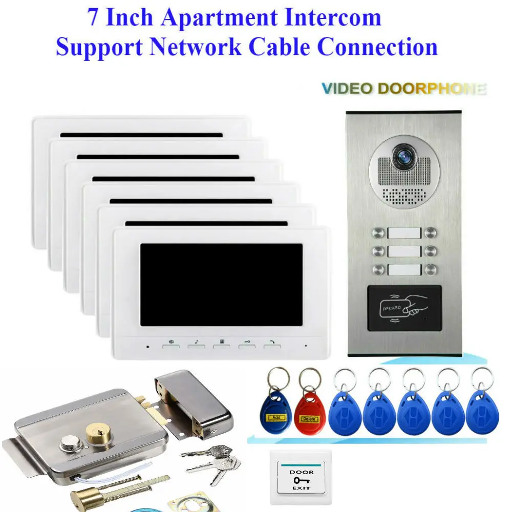 

7" Video Door Phone 2 to 6 Monitors For Apartment Families Doorbell Intercom Kits RFID 700TVL IR Camera Doorphone+lock