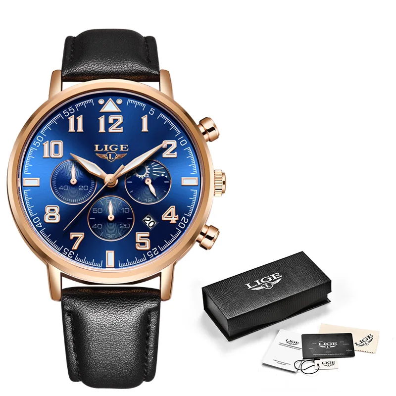Часы наручные LIGE мужские с хронографом Брендовые спортивные водонепроницаемые в