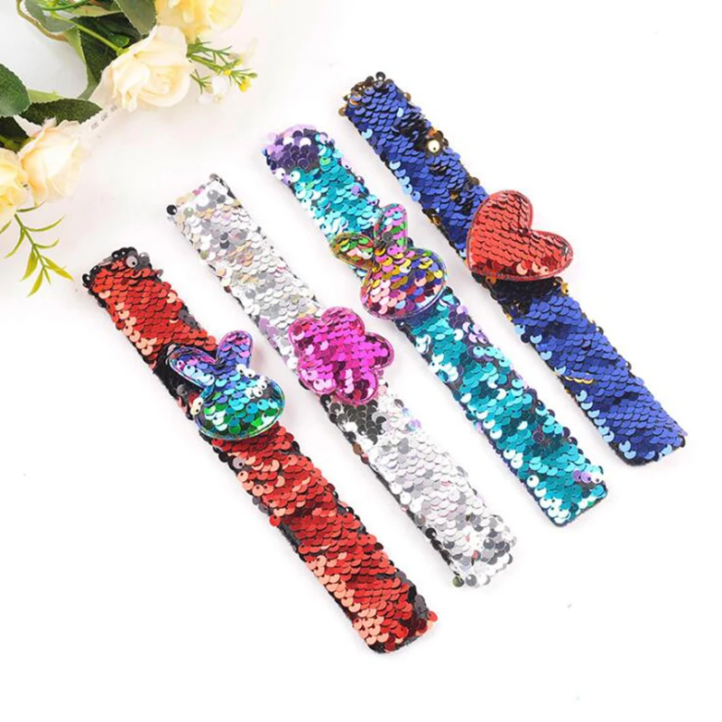 

Magic Paillette Loving Heart Patted Bracelets Multicolor Sequin Reversible Glitter Slap Bracelet Charms Wristband for Kids Gifts