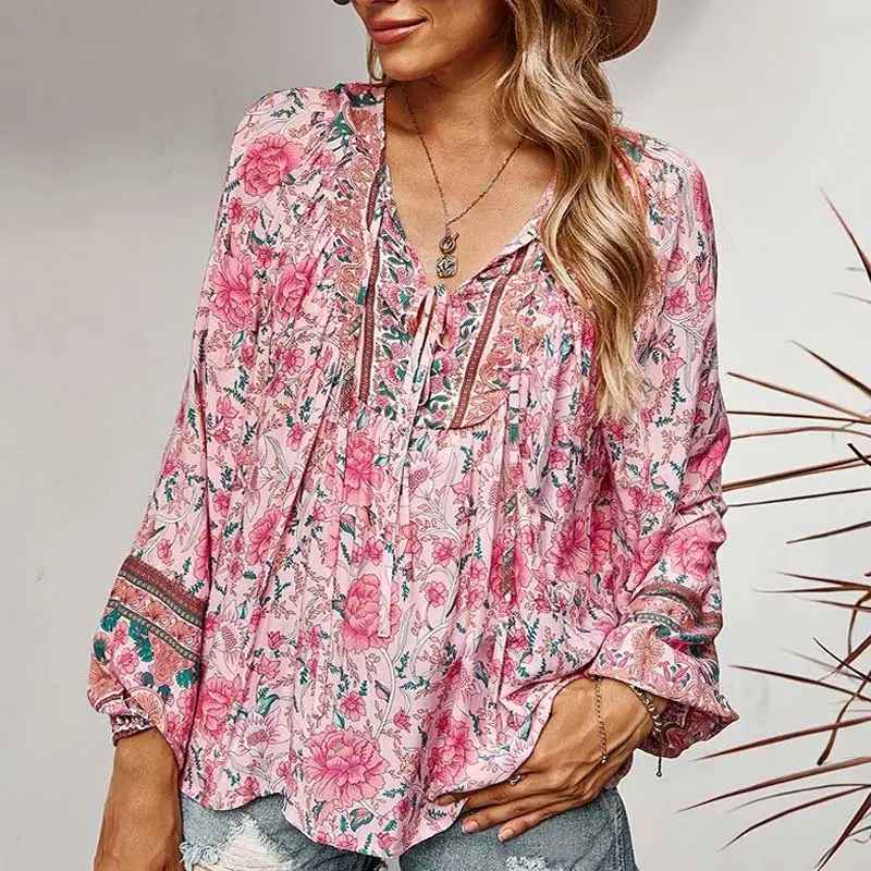 Long Sleeve Women Blouse Shirt Floral Print Boho Shirts Tops Tie V-Neck Pink Women Tops Rayon Spring Summer Blouse
Long Sleeve Women Blouse Shirt Floral Print Boho Shirts Tops Tie V-Neck Pink Women Tops Rayon Spring Summer Blouse