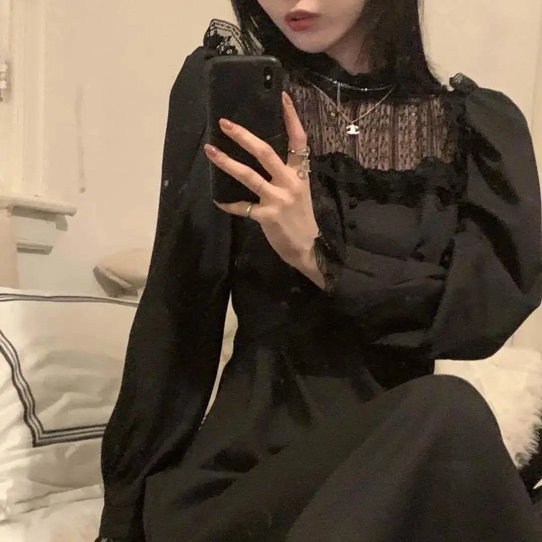 Готический Платье черного цвета для женщин 2021 весеннее повседневное кружевное