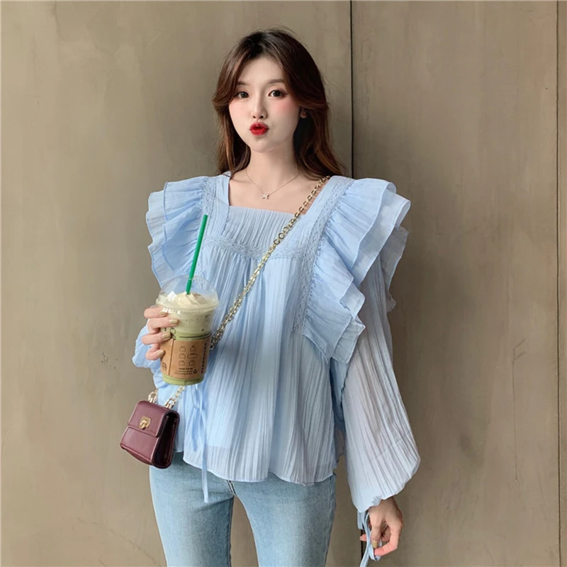 Pullover Solid Shirt Women Loose Puff Sleeve Ruffle Square Neck Long Sleeve Blouse Lady Korean Chemise Femme Clothes ED50CS
Pullover Solid Shirt Women Loose Puff Sleeve Ruffle Square Neck Long Sleeve Blouse Lady Korean Chemise Femme Clothes ED50CS
