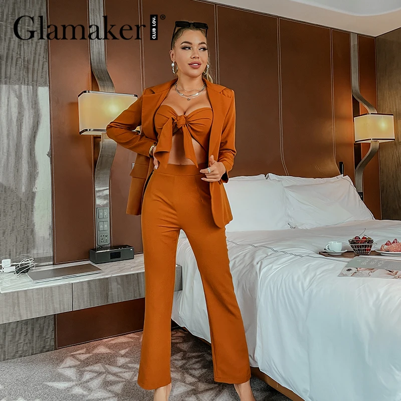 

Glamaker Office ladies 3 piece suit Women kont crop top with casual blazer jacket and pants Fashion streetwear co ord set 2021