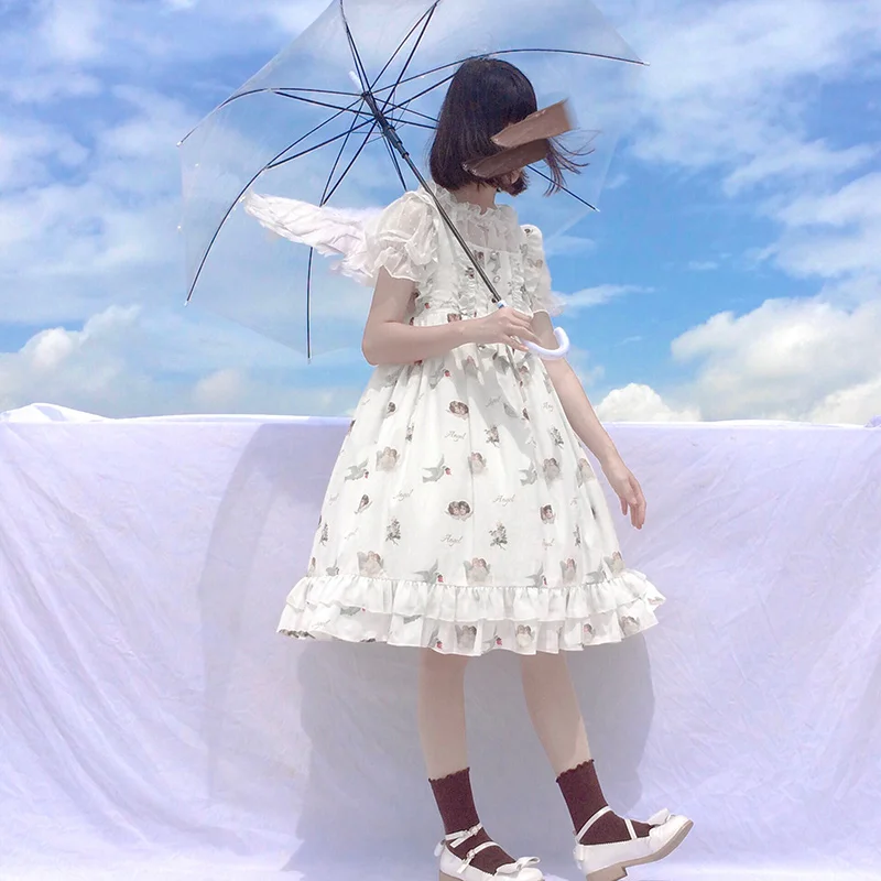 

Angel Sweet Women's Lolita JSK Dress Sleeveless Dress Cute Palace Bows Trim Princess Dress One Piece White Black Summer