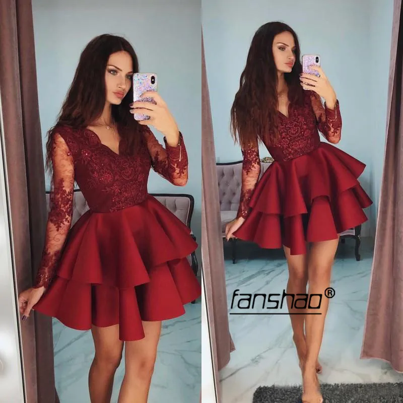 Burgundy Tiered Lace Homecoming Dresses Full Sleeve A-line Above Knee Mini, Illusion Elegant Cocktail Dresses
Burgundy Tiered Lace Homecoming Dresses Full Sleeve A-line Above Knee Mini, Illusion Elegant Cocktail Dresses