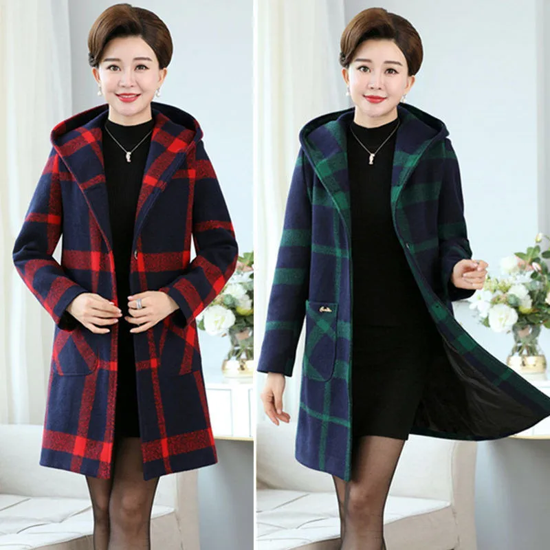 

Women lattice Woolen Coat 2020 New Female Autumn Winter Wool Jacket Mom Thicken Winter Coats Middle-aged Woolen Overcoat 5XLA468