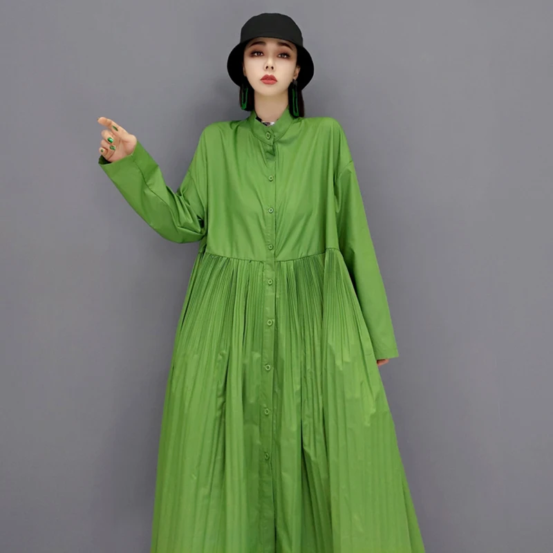 SHENGPALAE Fashion Green Pleated Shirt Dress Women's Autumn 2021 New Stand Collar Loose Single Breasted Mid-calf Dresses Female
SHENGPALAE Fashion Green Pleated Shirt Dress Women's Autumn 2021 New Stand Collar Loose Single Breasted Mid-calf Dresses Female