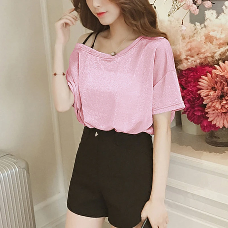 Summer Women's Off-the-shoulder Suspender T-shirt Cool Short-Sleeved Slim Top Loose Bright Silk Flashing Clothes Street Party
Summer Women's Off-the-shoulder Suspender T-shirt Cool Short-Sleeved Slim Top Loose Bright Silk Flashing Clothes Street Party