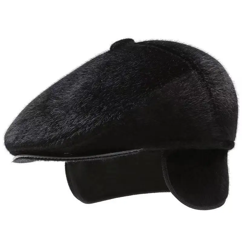 Теплая зимняя шапка с наушниками Мужской Ретро берет однотонная Черная из
