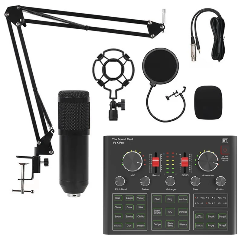 

BM800 конденсаторный микрофон с профессиональной звуковой картой V9X, миксер для прямой трансляции, записи, компьютера, караоке, петь