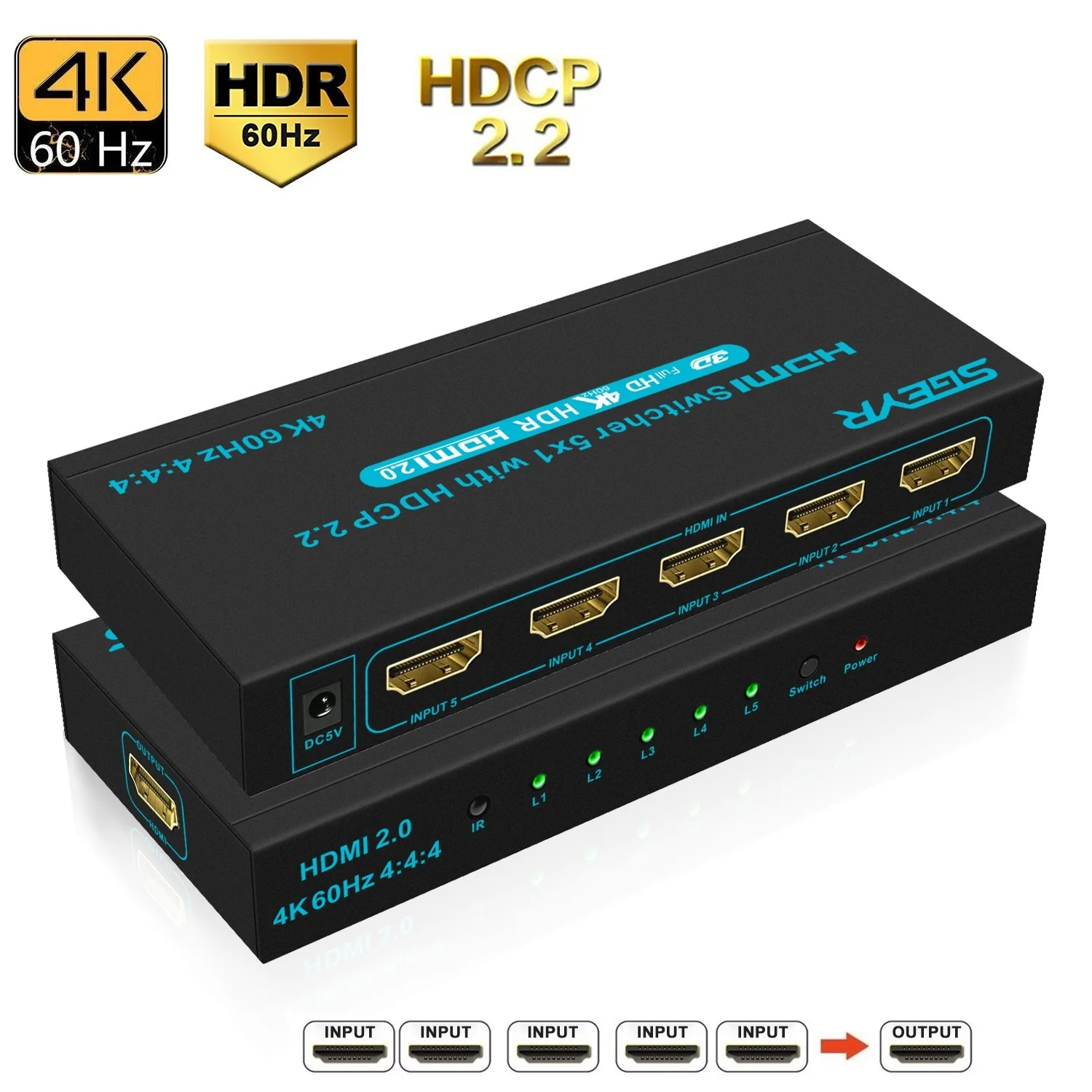 4K x 2K @ 60 Гц HDMI 2 0 переключатель 5x1 5 в 1 выход HDR переключатели с ИК-пультом