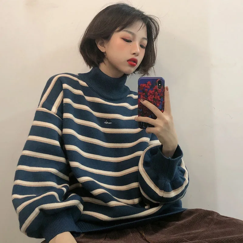 Korean Harajuku winter fashion High collar striped knit sweater women new Vintage punk thickening loose sweater
Korean Harajuku winter fashion High collar striped knit sweater women new Vintage punk thickening loose sweater