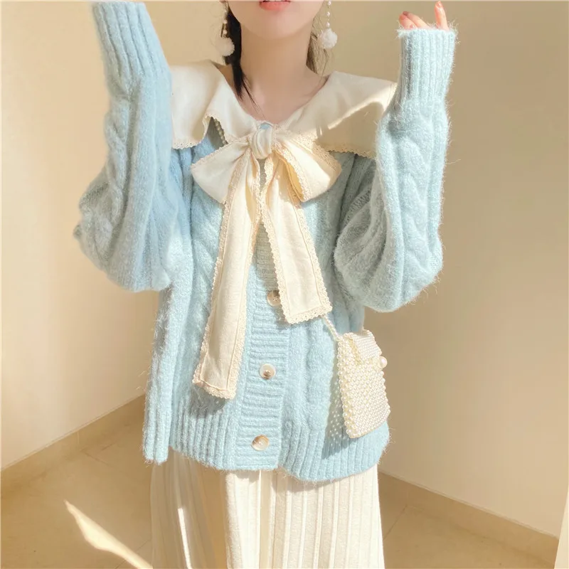 Japanese Princess Style Autumn Winter Women Sweater Blue Doll Collar Bow Knitted Cardigan Kawaii Mori Girl Long Sleeve Tops Coat
Japanese Princess Style Autumn Winter Women Sweater Blue Doll Collar Bow Knitted Cardigan Kawaii Mori Girl Long Sleeve Tops Coat