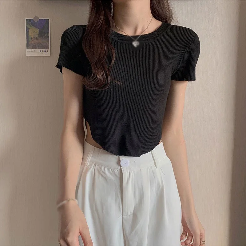 Women's T-Shirts Slim Exposed Navel Knitted Short Sleeve Top Ladies 2021 Summer O Neck Irregular Casual T Shirt
Women's T-Shirts Slim Exposed Navel Knitted Short Sleeve Top Ladies 2021 Summer O Neck Irregular Casual T Shirt