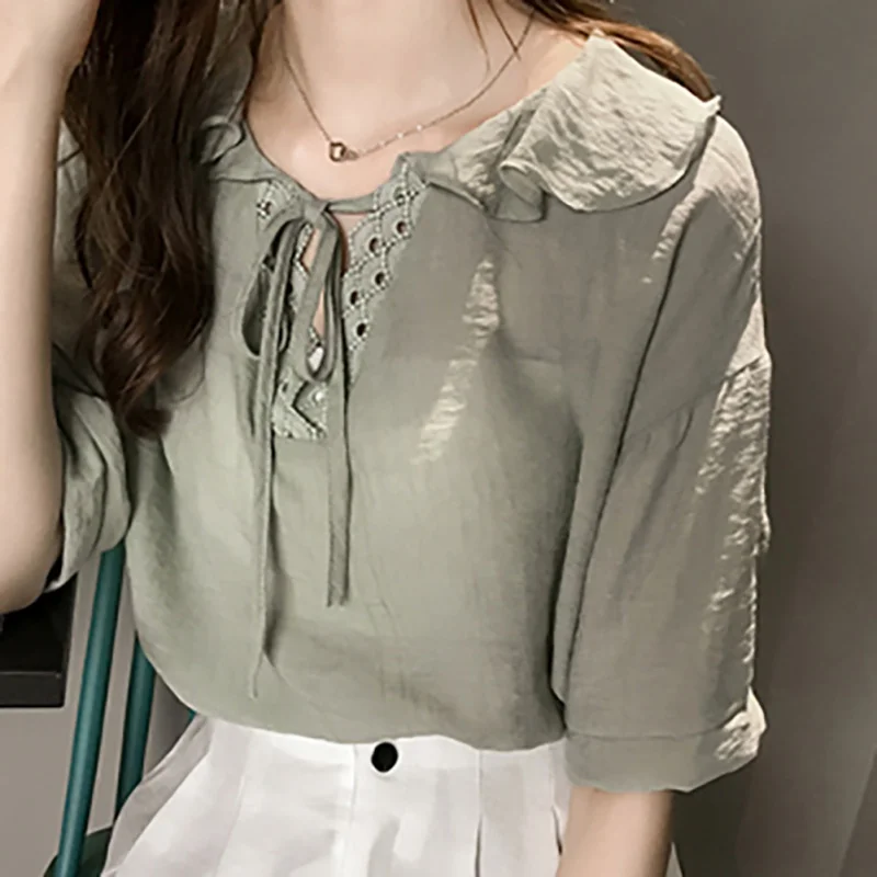 Sexy Lace Cut Hollow Shoulder Linen Ribbon Shirt Bow Neck Short Sleeve Loose Plus Size Oversized Ladies Chiffon Top
Sexy Lace Cut Hollow Shoulder Linen Ribbon Shirt Bow Neck Short Sleeve Loose Plus Size Oversized Ladies Chiffon Top