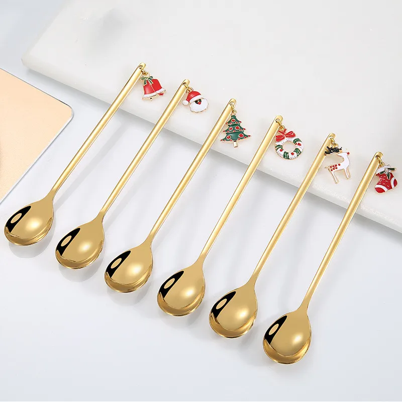 

6pcs Christmas Spoons Stainless Steel Coffee Spoon Long Handle Ice Cream Tea Dessert Spoons Kitchen Hot Drinking Flatware