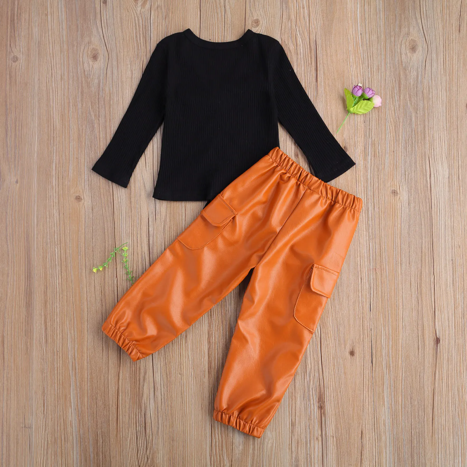 

2021 New Spring 2-8Y Baby Girl 2Pcs Set V-Neck Front Bow Vertical Drawstring Long Sleeve Knitted Top+Brown Faux Leather Pants