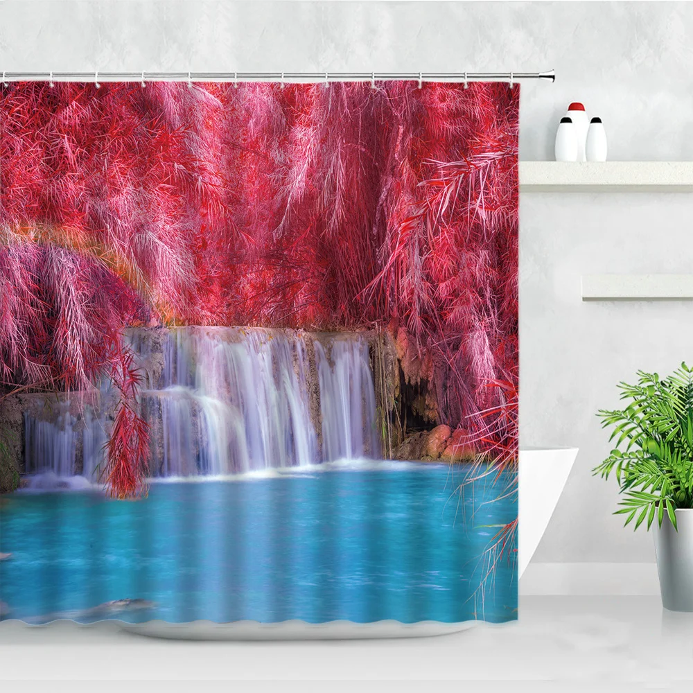 

3D Waterfall Scenery Shower Curtains Sunshine River Forest Green Plants Natural Landscape Home Bathroom Decor Bath Curtain Set
