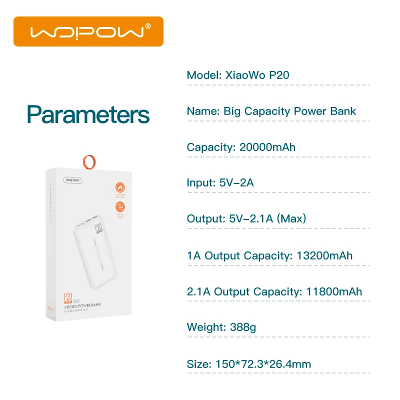WOPOW Power Bank 20000mAh Dual USB Portable Charger with LED Fast Charge External Battery Powerbank 20000 mAh for iPhone Xiaomi
WOPOW Power Bank 20000mAh Dual USB Portable Charger with LED Fast Charge External Battery Powerbank 20000 mAh for iPhone Xiaomi