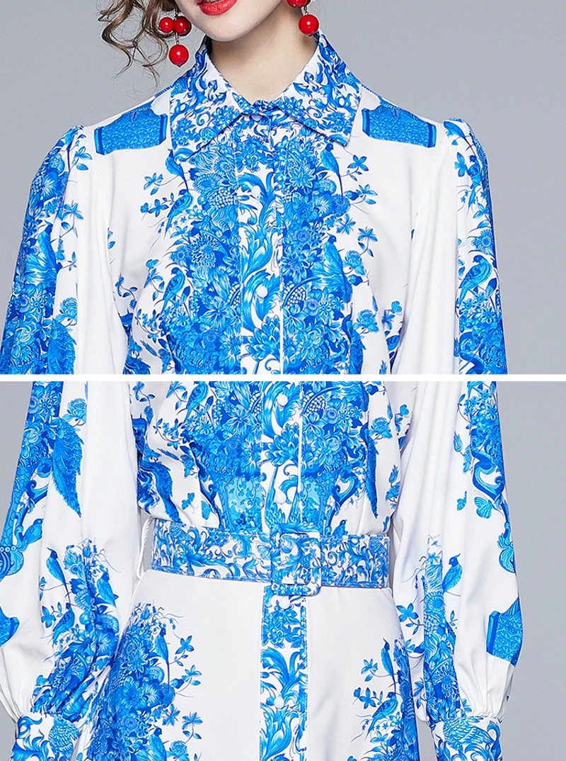 2021 spring Runway Designer Retro Blue and white porcelain Print Dress Women Long Lantern Sleeve Button Down Elegant Dress
2021 spring Runway Designer Retro Blue and white porcelain Print Dress Women Long Lantern Sleeve Button Down Elegant Dress