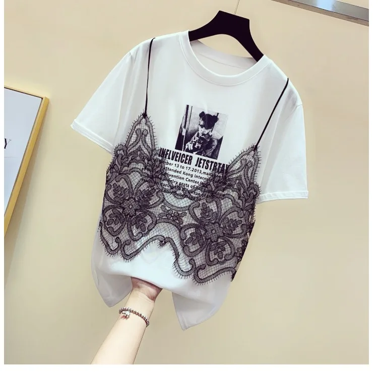 2021 Summer New Lace Strap Stitching Short-Sleeved Cotton T-shirt Letter Printed Basic Shirt Loose Fake Two Pieces Top Tee
2021 Summer New Lace Strap Stitching Short-Sleeved Cotton T-shirt Letter Printed Basic Shirt Loose Fake Two Pieces Top Tee