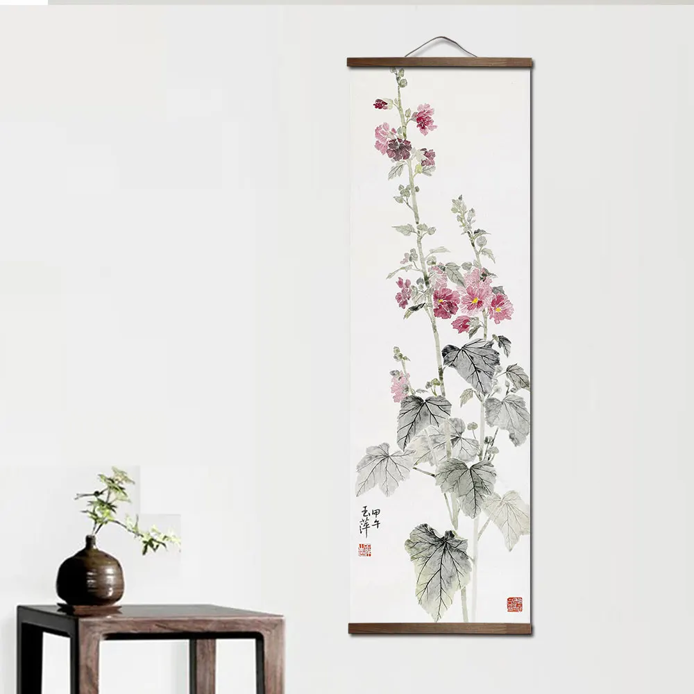 Chinese Style Flower Green Plants Canvas Posters Decor Store Bedroom Living Room Wall Art Solid Wood Scroll Paintings with Frame | Дом и сад